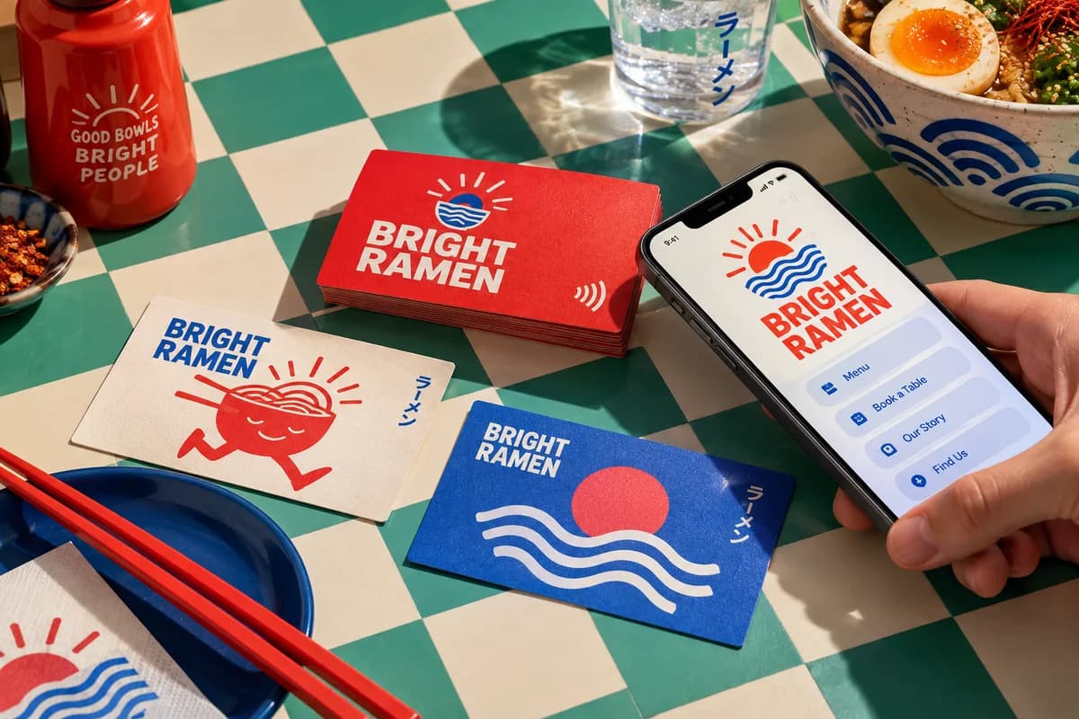 A small collection of business cards with strong typographic hierarchy and vivid expressive graphic motifs, with seafoam green, poppy red, cornflower blue artwork for a fictional modern ramen restaurant.