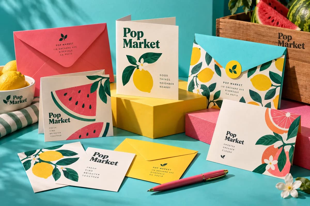 Colorful printed envelopes and coordinated stationery with realistic folds and positioned demonstration address areas, with bright turquoise, watermelon pink, sunflower yellow artwork for a fictional neighborhood produce market.