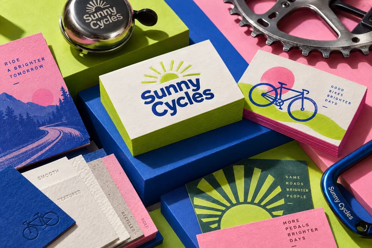 Tactile business cards and paper swatches showing a restrained mix of distinct visual textures and contrasting colors, with lime green, cobalt blue, bubblegum pink artwork for a fictional independent bicycle shop.