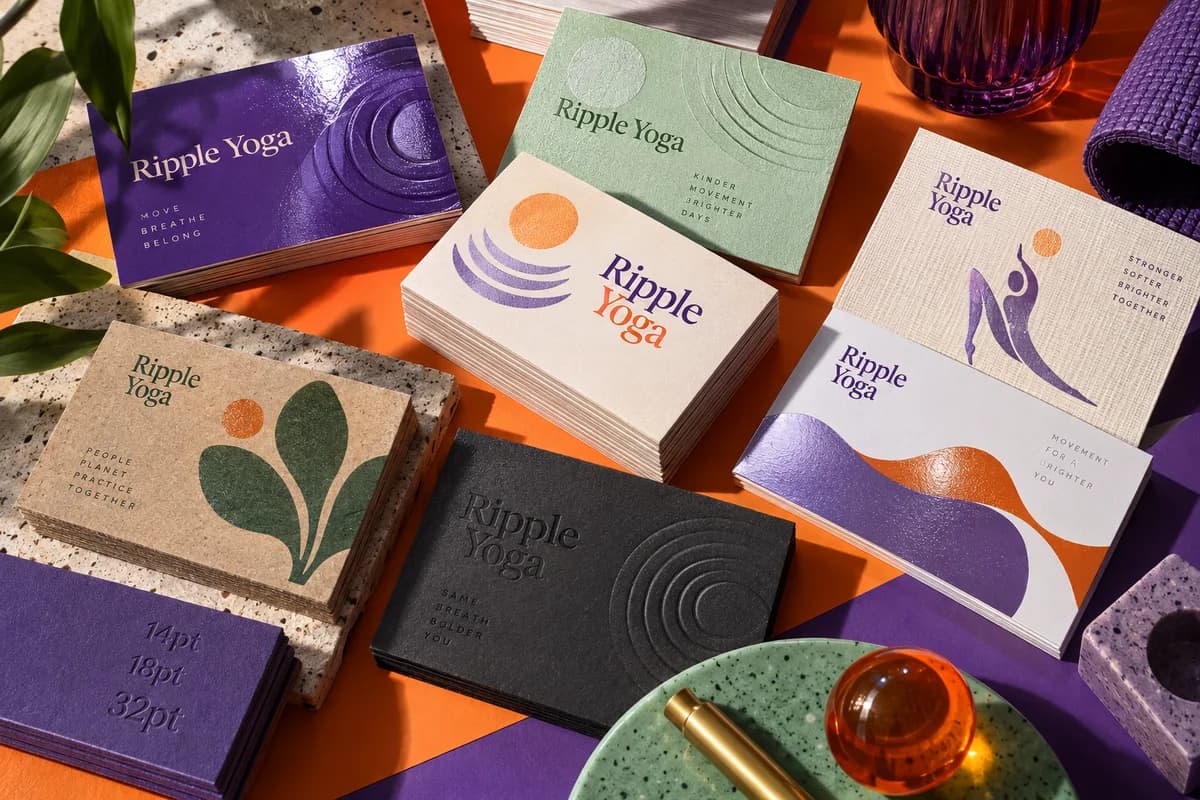 Tactile business cards and paper swatches showing a restrained mix of distinct visual textures and contrasting colors, with tangerine orange, royal purple, mint green artwork for a fictional yoga and movement studio.