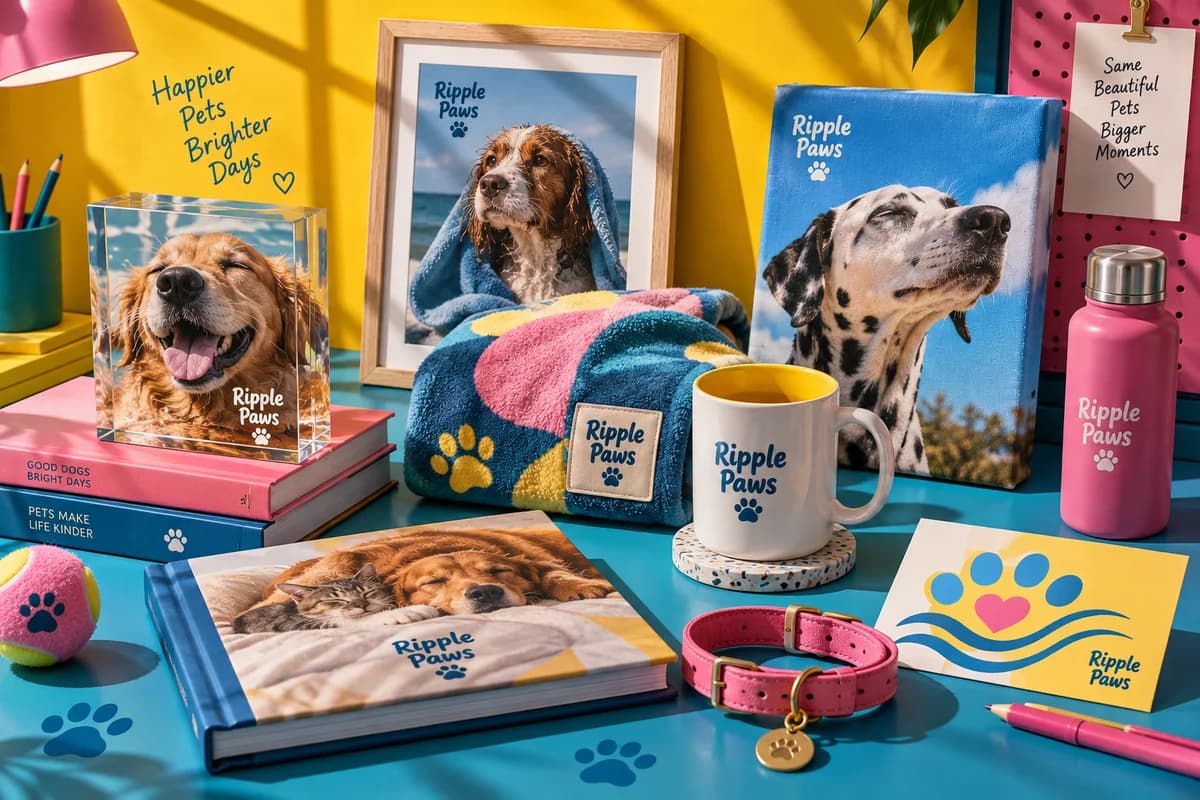 A styled small promotional gift set with useful branded objects and a coordinating printed card, with sunshine yellow, peacock blue, raspberry pink artwork for a fictional pet grooming boutique.