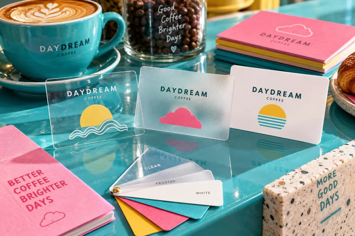 Tactile business cards and paper swatches showing a restrained mix of distinct visual textures and contrasting colors, with bright turquoise, watermelon pink, sunflower yellow artwork for a fictional independent coffee bar.