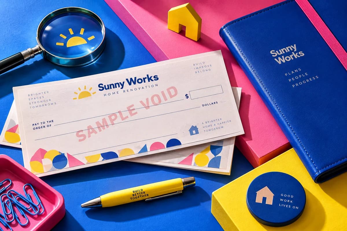 Abstract colorful sample check stationery marked SAMPLE VOID, a magnifying loupe and a closed document folder, with electric blue, hot pink, lemon yellow artwork for a fictional home renovation company.