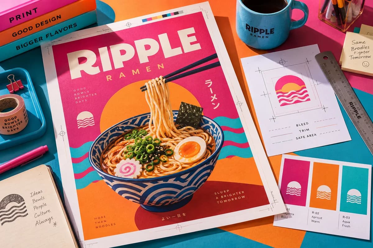 A colorful printed poster proof, small matching color swatches, a metal ruler and a clean crop guide sheet, with magenta, apricot orange, aqua blue artwork for a fictional modern ramen restaurant.