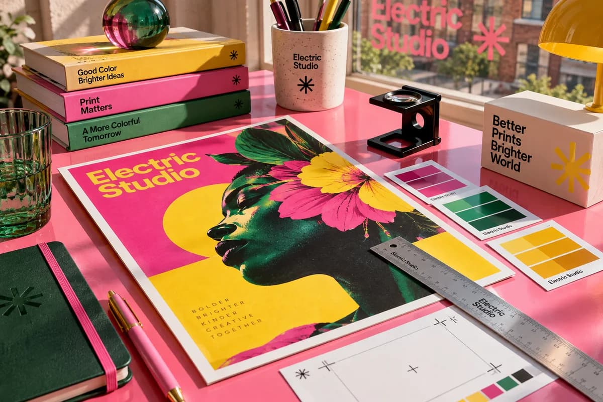A colorful printed poster proof, small matching color swatches, a metal ruler and a clean crop guide sheet, with fuchsia pink, emerald green, marigold yellow artwork for a fictional creative design studio.