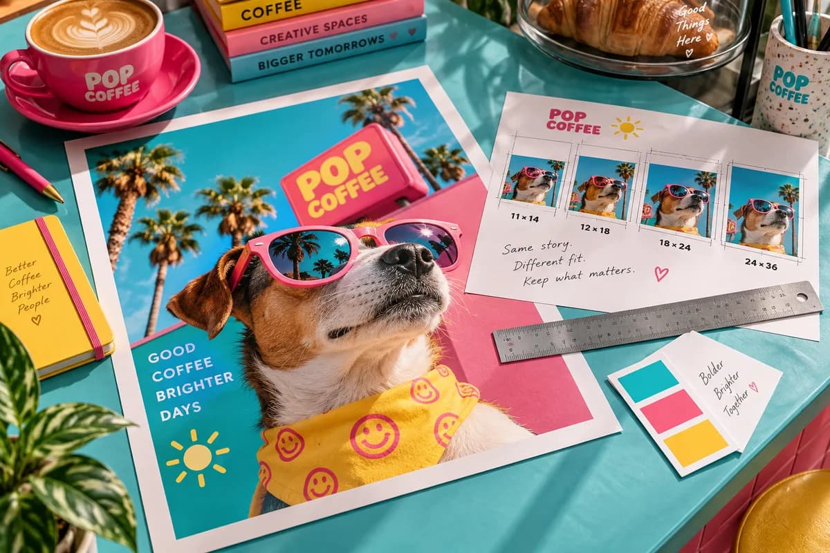 A colorful printed poster proof, small matching color swatches, a metal ruler and a clean crop guide sheet, with bright turquoise, watermelon pink, sunflower yellow artwork for a fictional independent coffee bar.