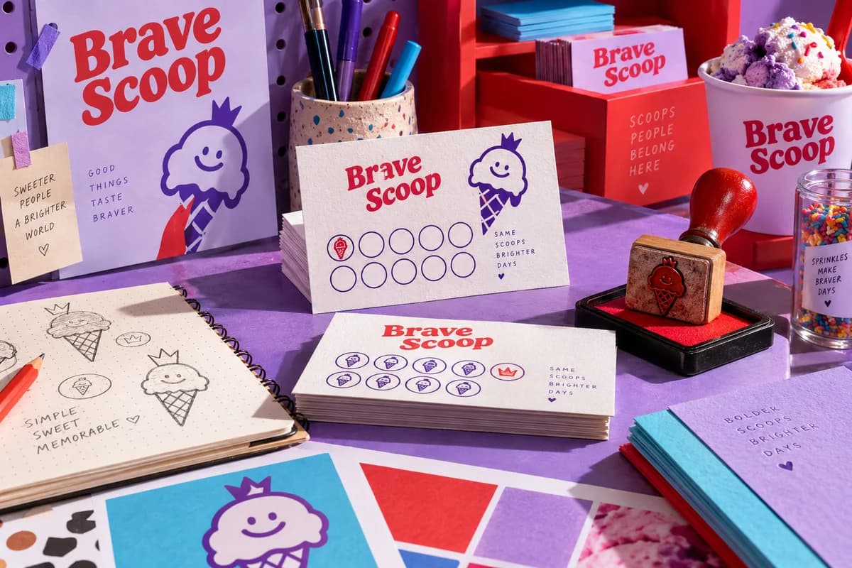 Business cards in a relevant fictional small business setting with one tasteful contextual prop, with lavender purple, tomato red, bright cyan artwork for a fictional ice cream shop.