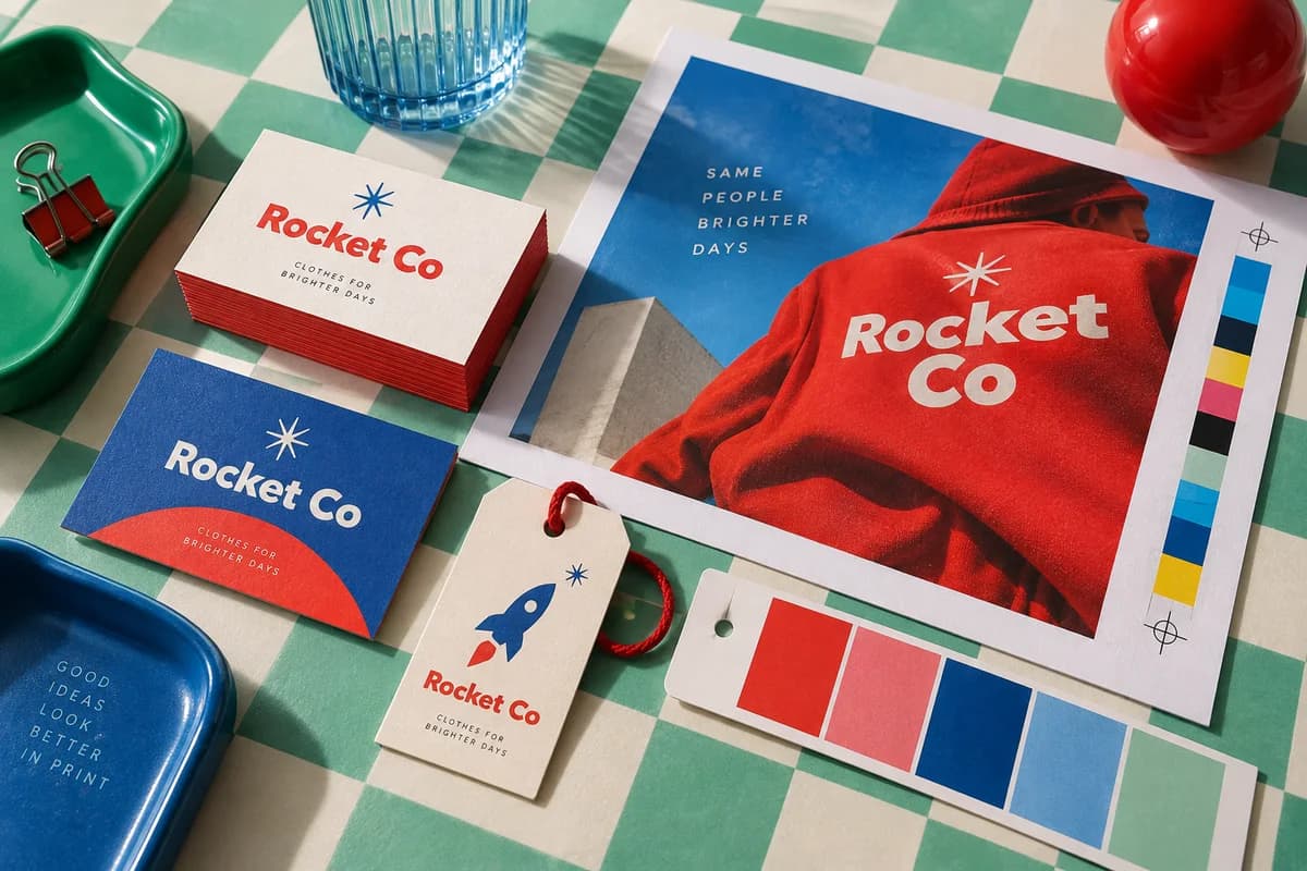 Finished business cards beside a larger colorful printed proof and a small color swatch strip, with seafoam green, poppy red, cornflower blue artwork for a fictional small fashion brand.