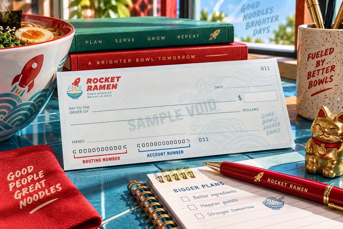 Abstract illustrated business check stationery clearly marked SAMPLE VOID with a colorful ledger and pen, with seafoam green, poppy red, cornflower blue artwork for a fictional modern ramen restaurant.