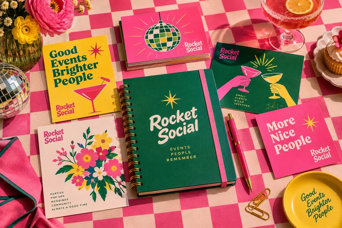 A cohesive colorful small business print campaign with postcards, a flyer, a card and a planning notebook, with fuchsia pink, emerald green, marigold yellow artwork for a fictional event planning business.