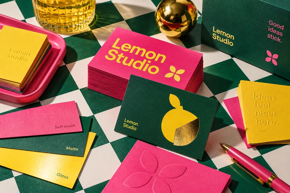 Tactile business cards and paper swatches showing a restrained mix of distinct visual textures and contrasting colors, with fuchsia pink, emerald green, marigold yellow artwork for a fictional creative design studio.
