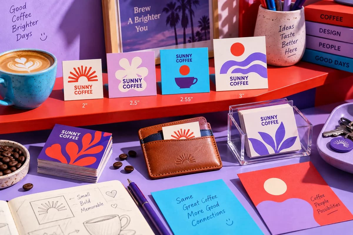 A small collection of business cards with strong typographic hierarchy and vivid expressive graphic motifs, with lavender purple, tomato red, bright cyan artwork for a fictional independent coffee bar.