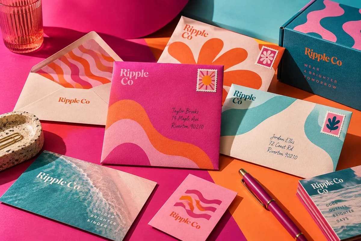 Colorful printed envelopes and coordinated stationery with realistic folds and positioned demonstration address areas, with magenta, apricot orange, aqua blue artwork for a fictional small fashion brand.
