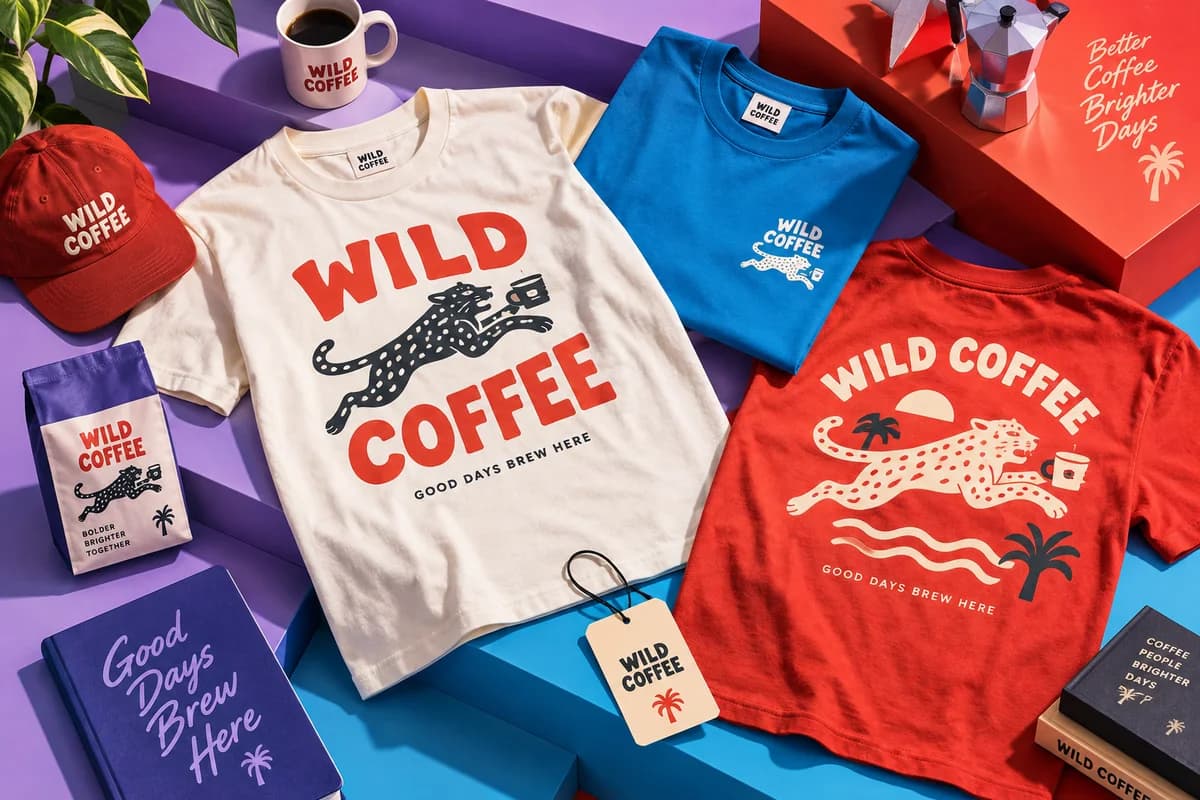 Decorated cotton clothing with bold simple printed graphic motifs and seams, styled with a matching garment tag, with lavender purple, tomato red, bright cyan artwork for a fictional independent coffee bar.