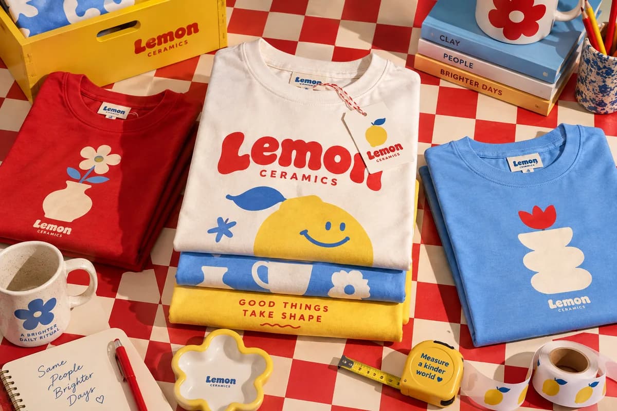 Decorated cotton clothing with bold simple printed graphic motifs and seams, styled with a matching garment tag, with cherry red, sky blue, butter yellow artwork for a fictional ceramic maker.