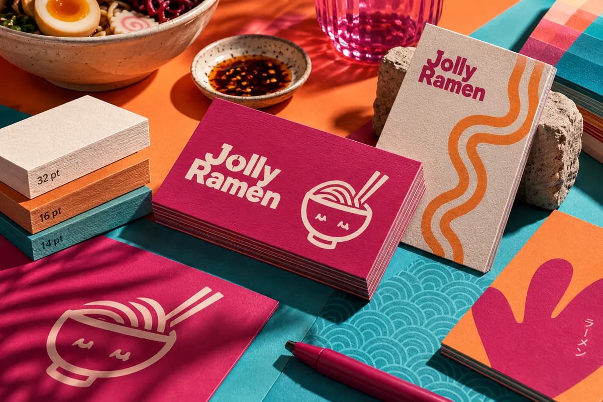 Tactile business cards and paper swatches showing a restrained mix of distinct visual textures and contrasting colors, with magenta, apricot orange, aqua blue artwork for a fictional modern ramen restaurant.