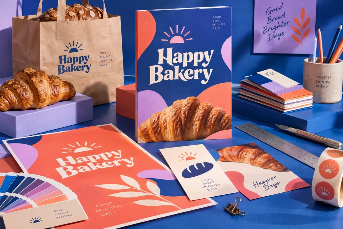 Colorful print proofs, paper swatches, a ruler and a clean designer workspace with prepared artwork, with ultramarine blue, bright coral, lilac artwork for a fictional artisan bakery.
