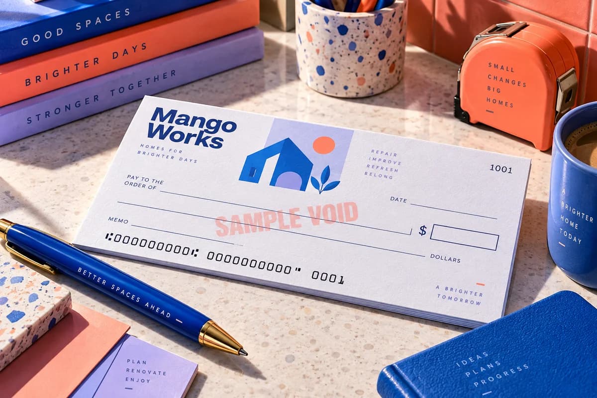 Abstract illustrated business check stationery clearly marked SAMPLE VOID with a colorful ledger and pen, with ultramarine blue, bright coral, lilac artwork for a fictional home renovation company.