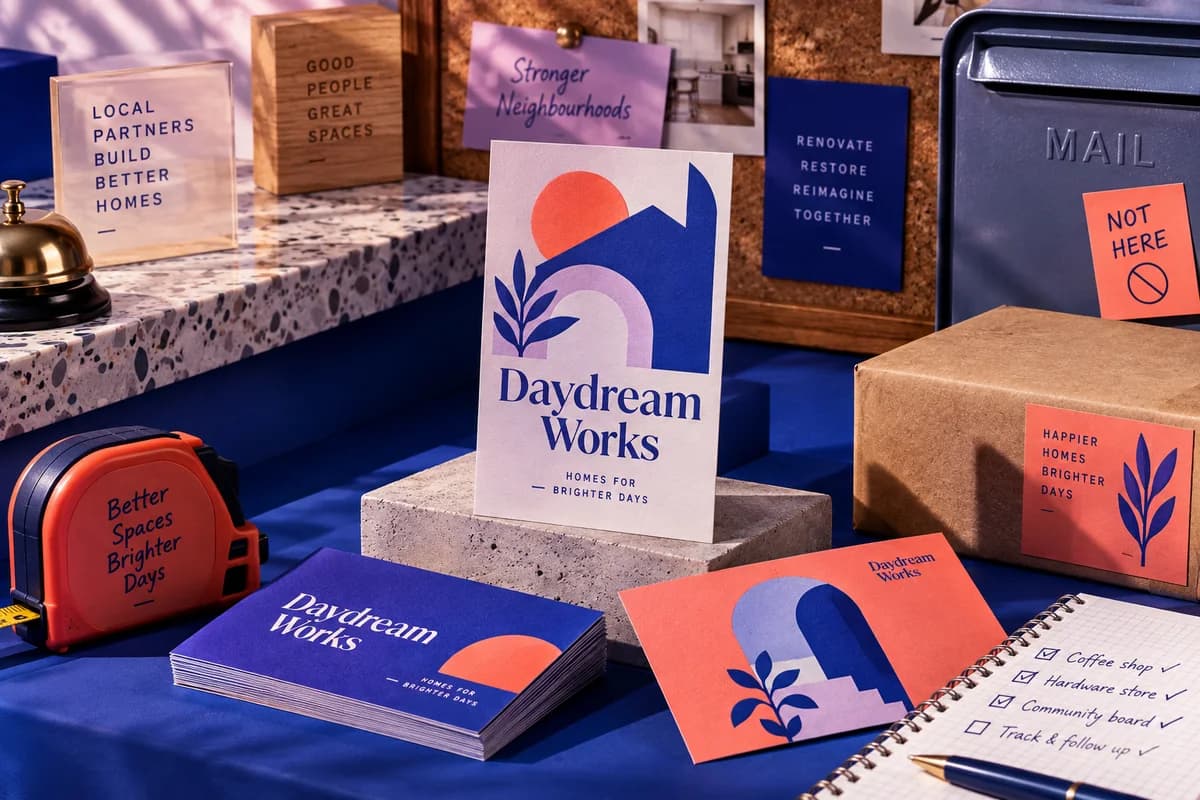 A small collection of business cards with strong typographic hierarchy and vivid expressive graphic motifs, with ultramarine blue, bright coral, lilac artwork for a fictional home renovation company.
