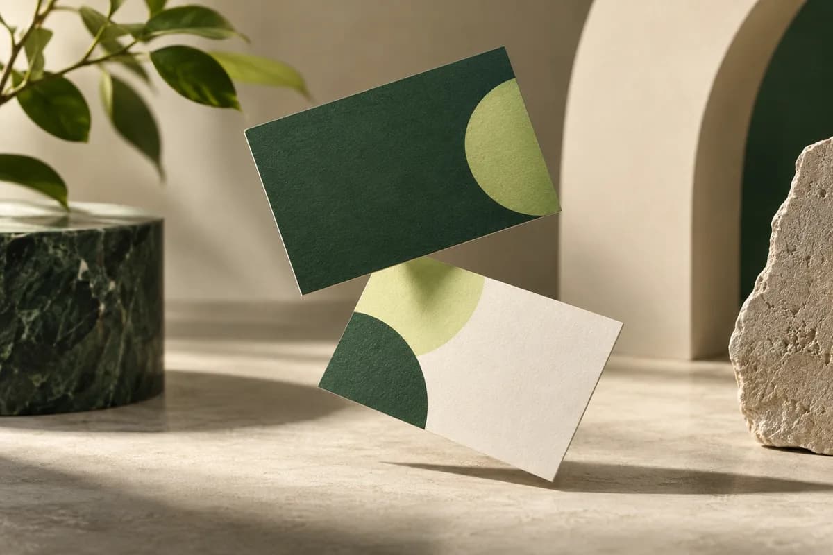 Editorial concept: two green and ivory cards flipping in a carefully staged balanced composition.