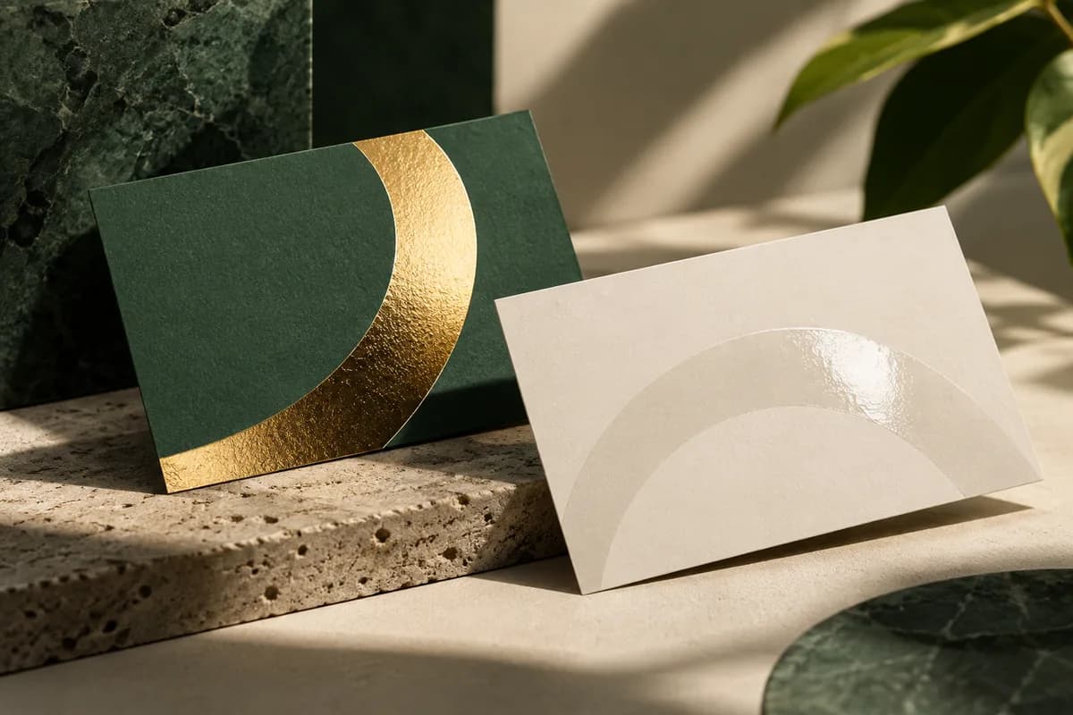 Editorial concept: two business cards with abstract gold foil arc and clear glossy arc.