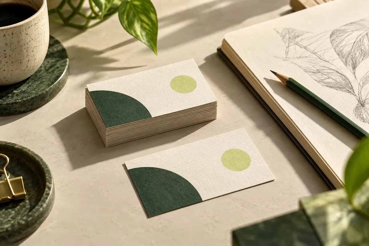 Editorial concept: minimal business cards beside sketchbook and green pencil in creative workspace.