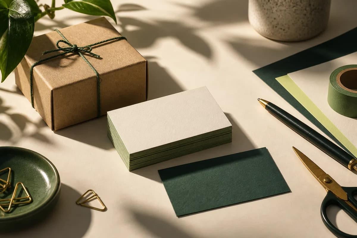 Editorial concept: business cards between a small kraft parcel and studio paper tools.