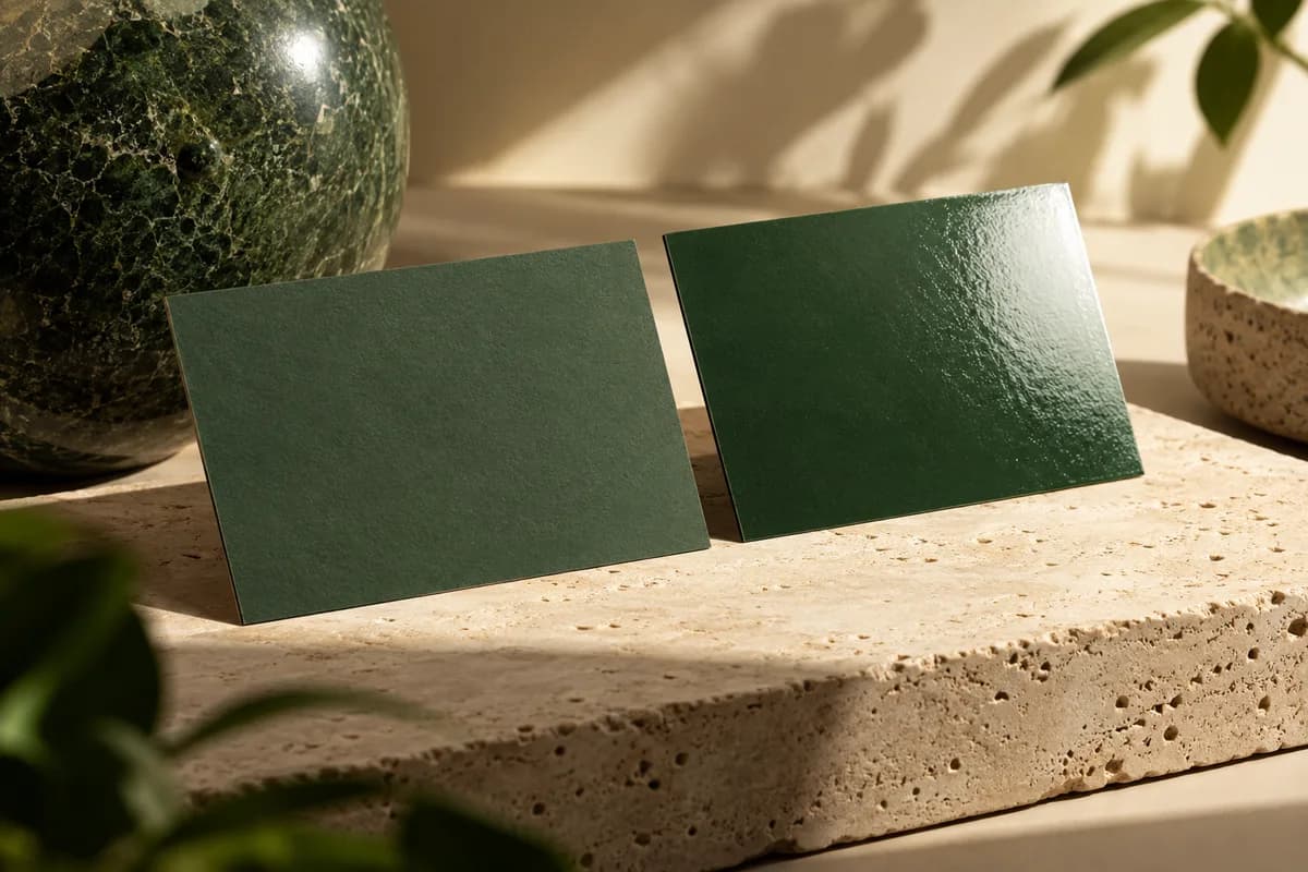 Editorial concept: pair of green cards one matte one glossy with reflected studio light.
