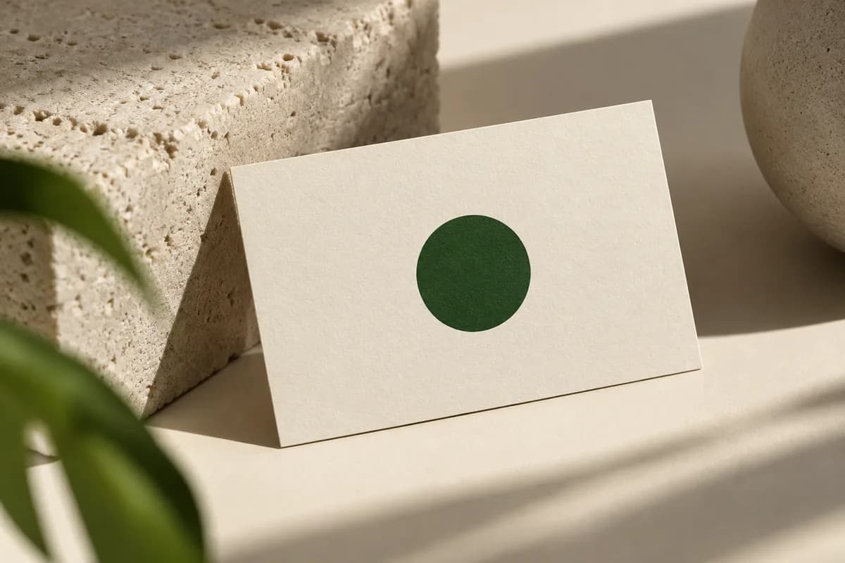 Editorial concept: single ivory business card with one forest green geometric circle on cream field.