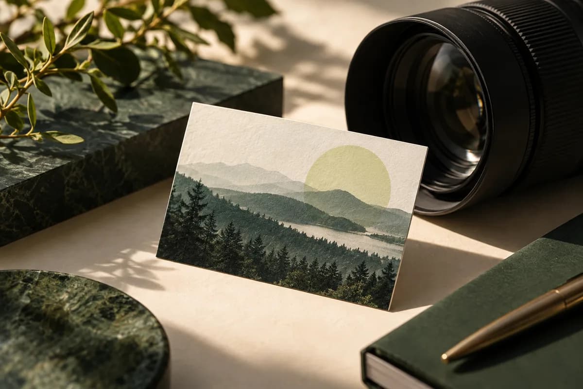 Editorial concept: artful business card with abstract landscape photo beside black camera lens.