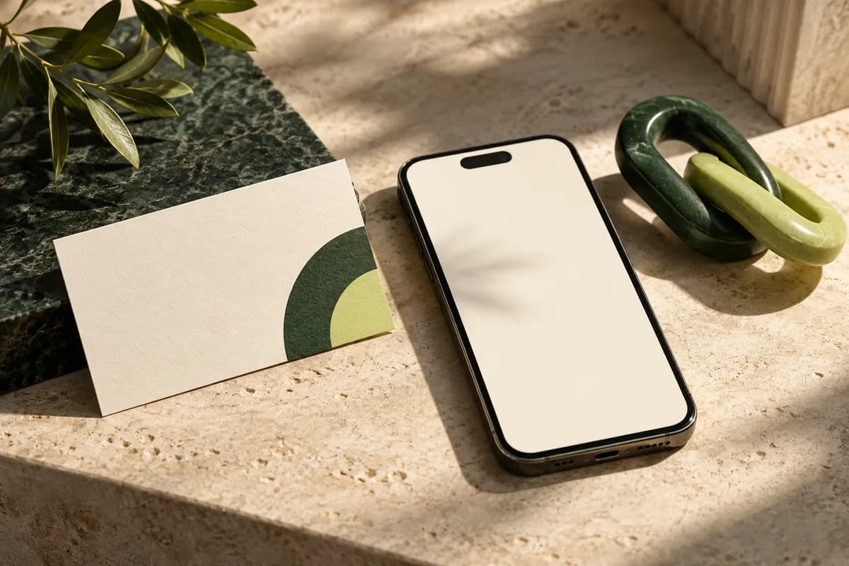 Editorial concept: business card beside smartphone with blank ivory screen and a green link shaped sculpture no qr code.
