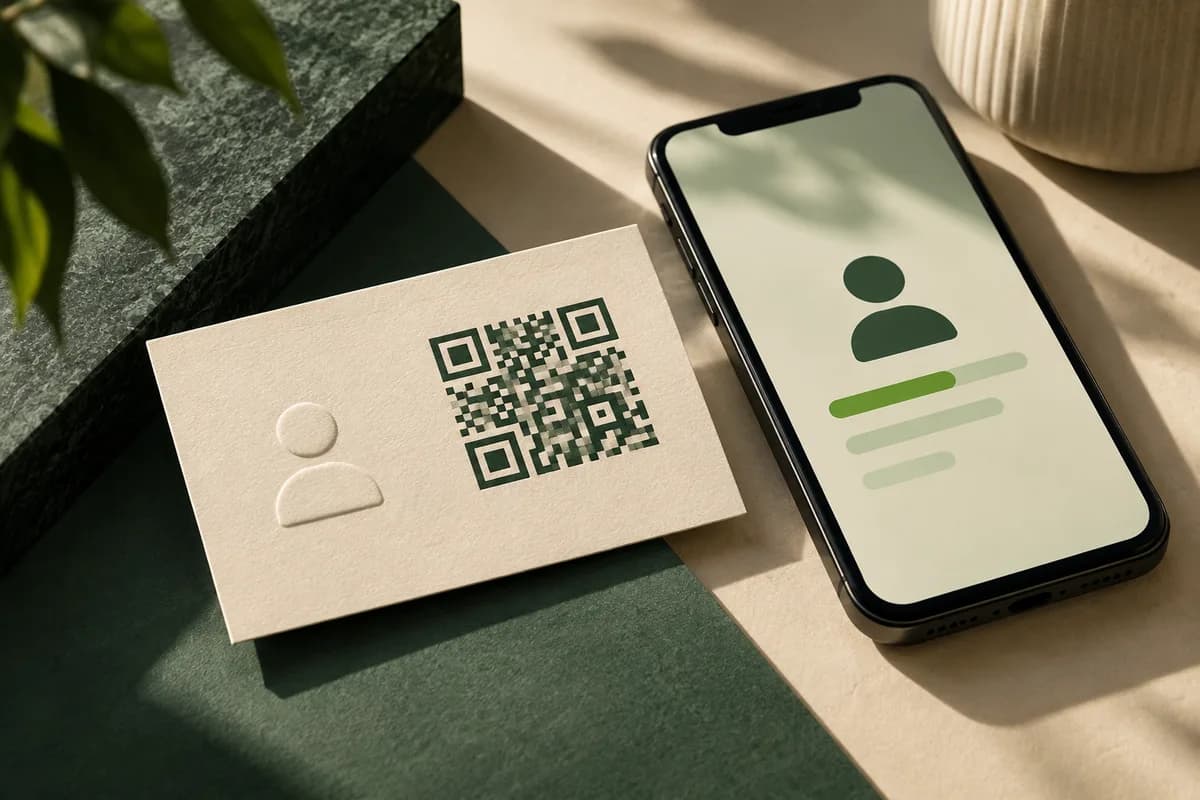 Editorial concept: phone beside cream card and small abstract person silhouette embossed in paper.