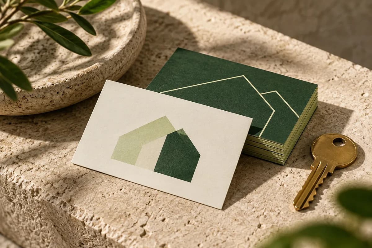 Editorial concept: ivory and green business cards beside brass house key on stone.