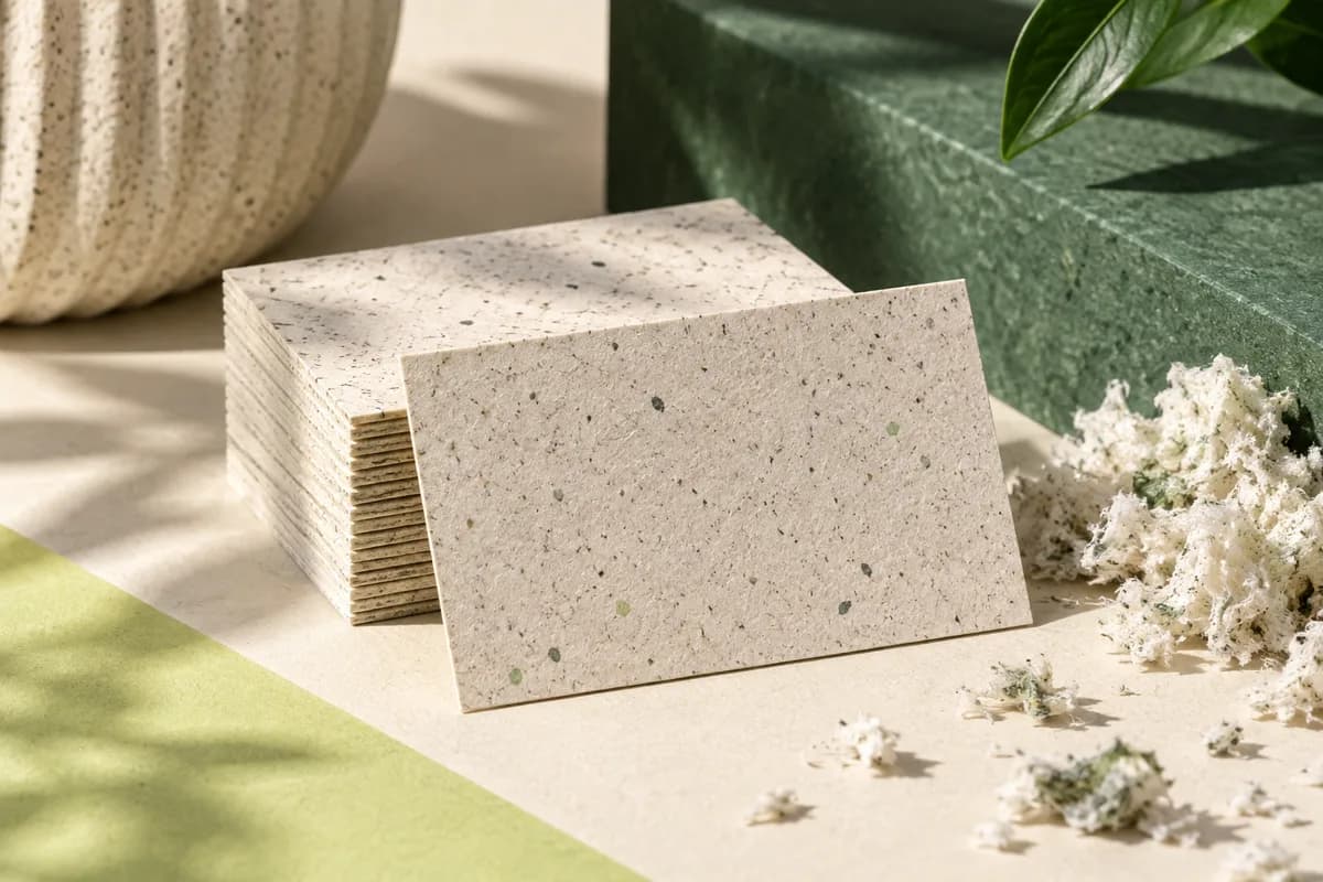 Editorial concept: recycled speckled paper cards and clean loose paper fibers.