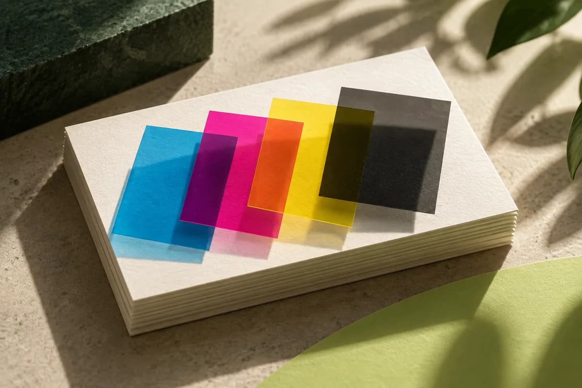 Editorial concept: cyan magenta yellow and black translucent swatches over white card stock.