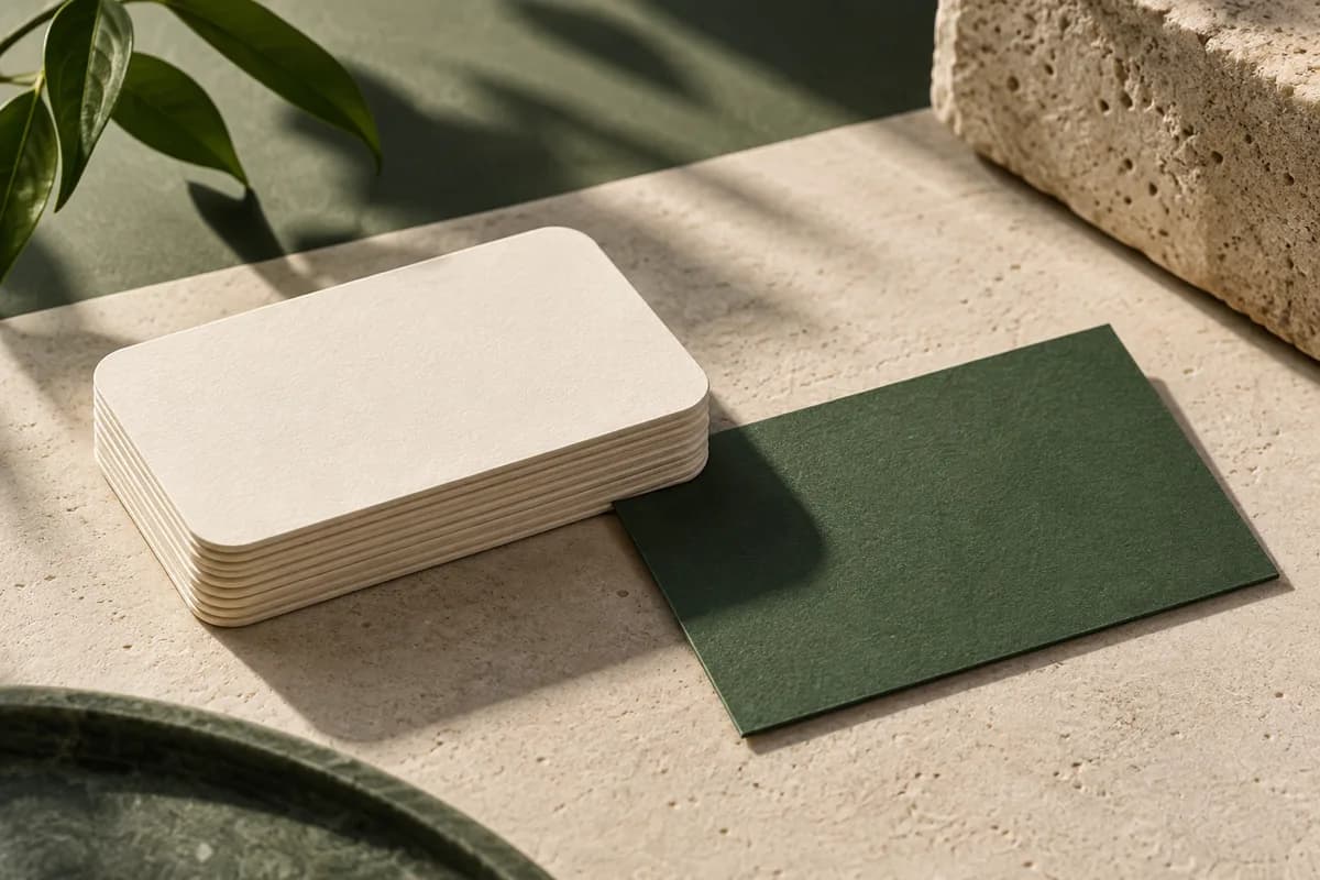 Editorial concept: stack of rounded corner cream cards beside a square corner green card.