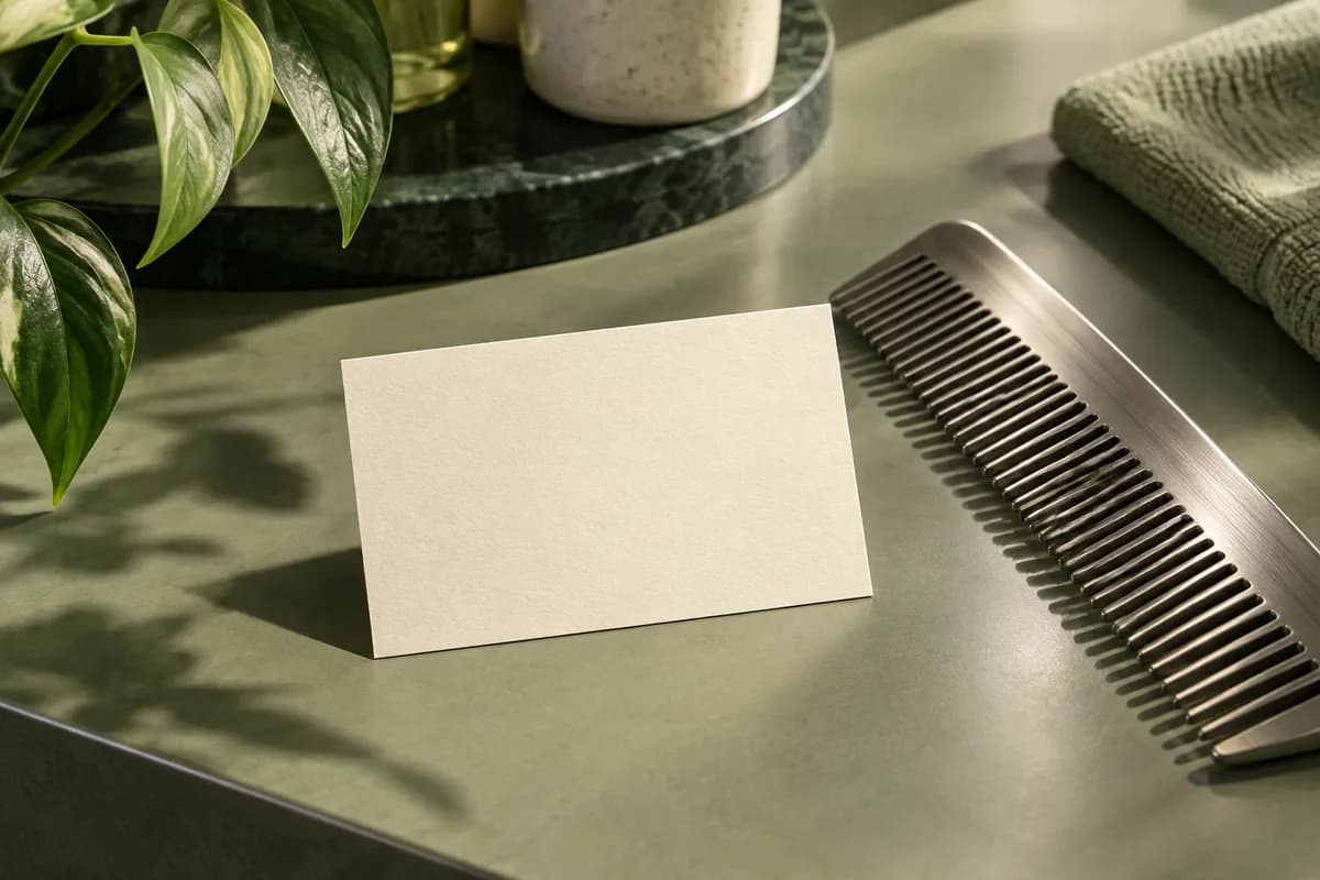 Editorial concept: ivory blank appointment card beside brushed metal comb on sage counter.