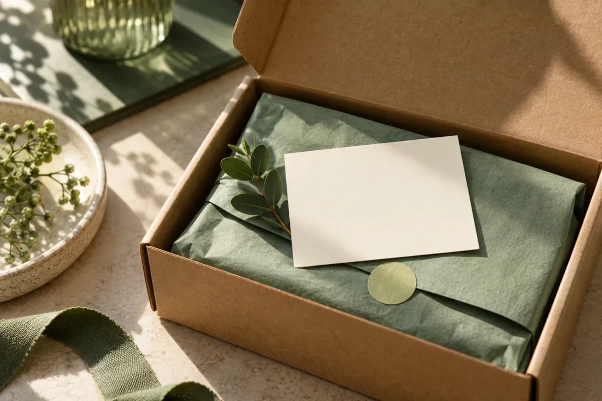Editorial concept: open kraft parcel with ivory insert card resting on folded sage tissue.