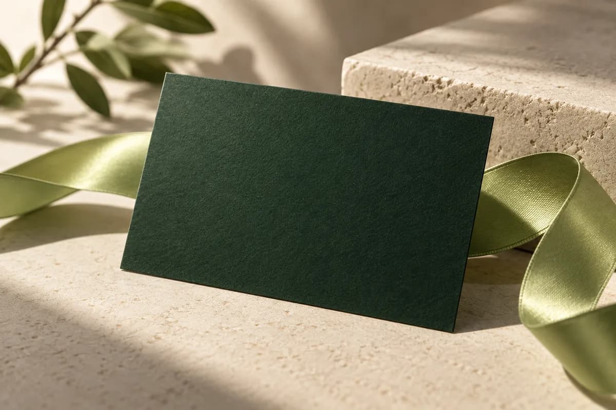 Editorial concept: velvety dark green business card with a gently curled satin ribbon.