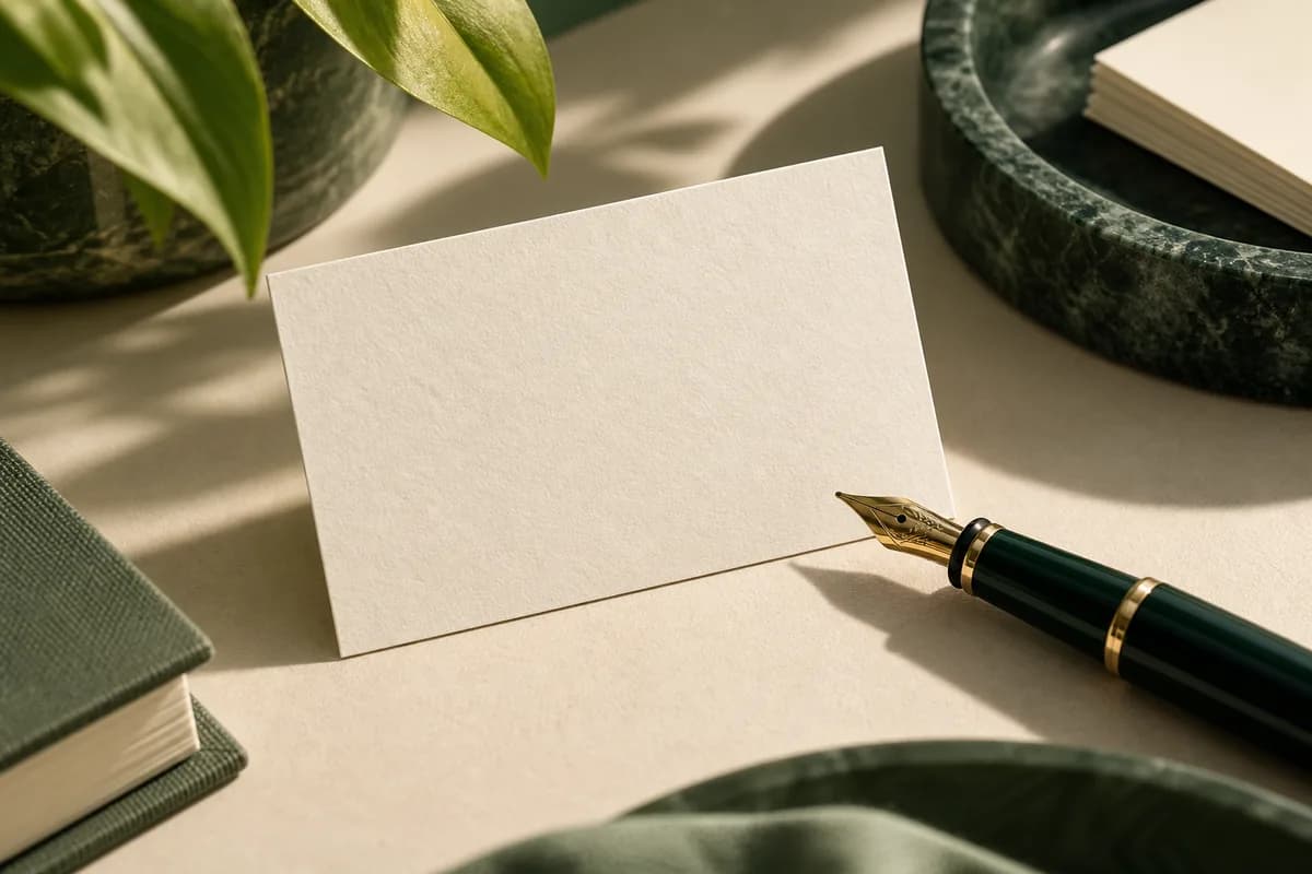 Editorial concept: fountain pen poised beside a blank ivory uncoated business card.
