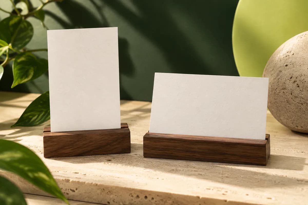 Editorial concept: portrait and landscape blank business cards standing in two wooden slots.
