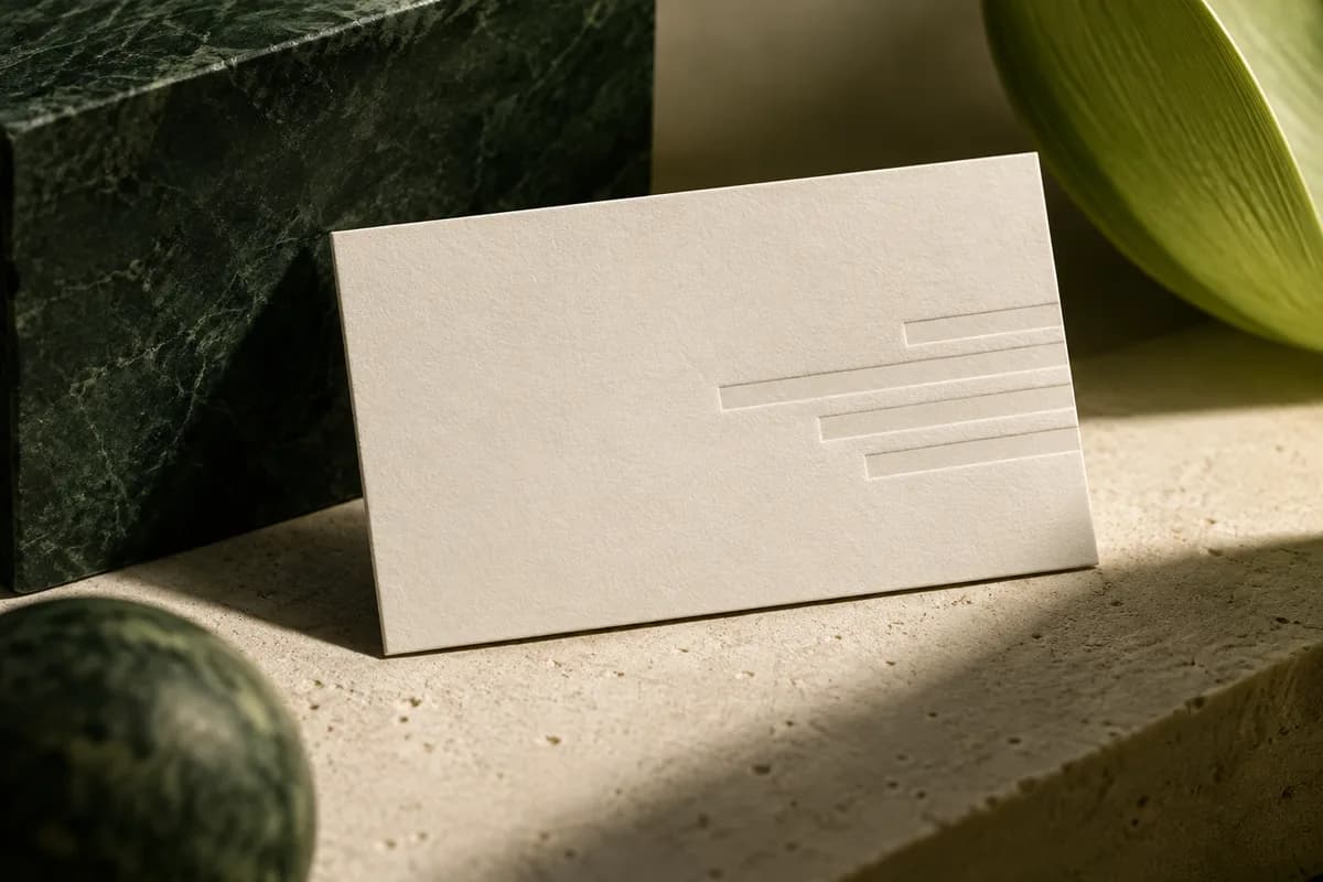 Editorial concept: minimal cream card with abstract embossed horizontal bars and ample blank space.